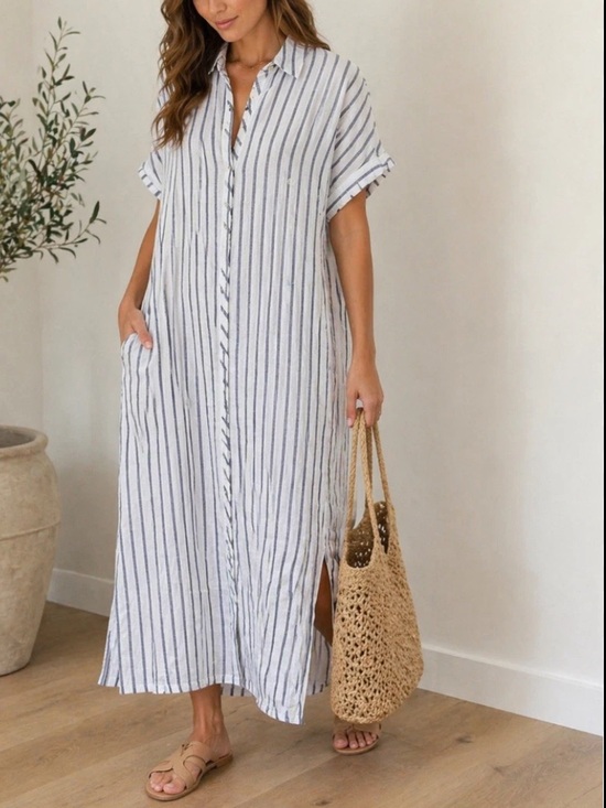 Lucky Brand Dresses & Skirts - Lucky Brand White and Gray Striped Button Down Linen Blend Maxi Shirt Dress Sz M
